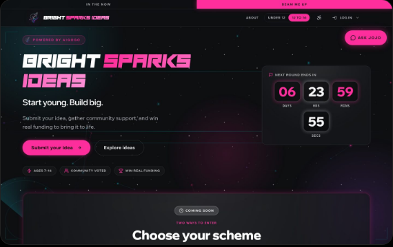 Bright Sparks Ideas live website, showing its idea schemes